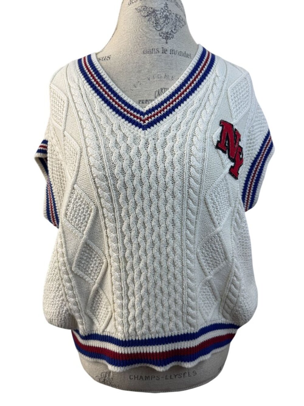Blue Rain Francesca's Louella Varsity NY Patch Pullover V-Neck Sweater Vest - Picture 2 of 8